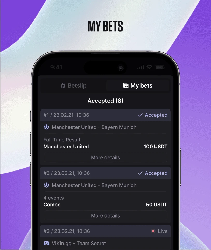 Mobile view showing accepted bets in 'My Bets' section with multiple football and combo bets.